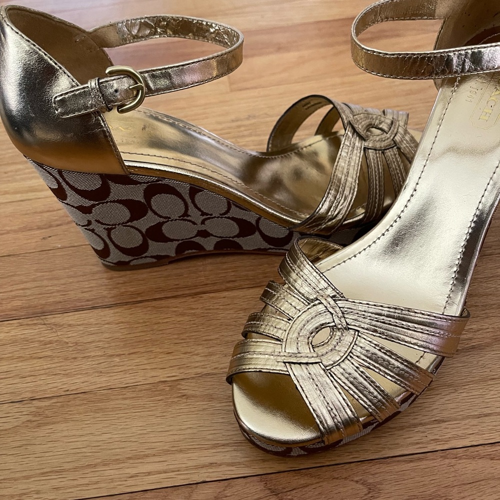 Coach Gold Wedge Sandals with Ankle Strap
